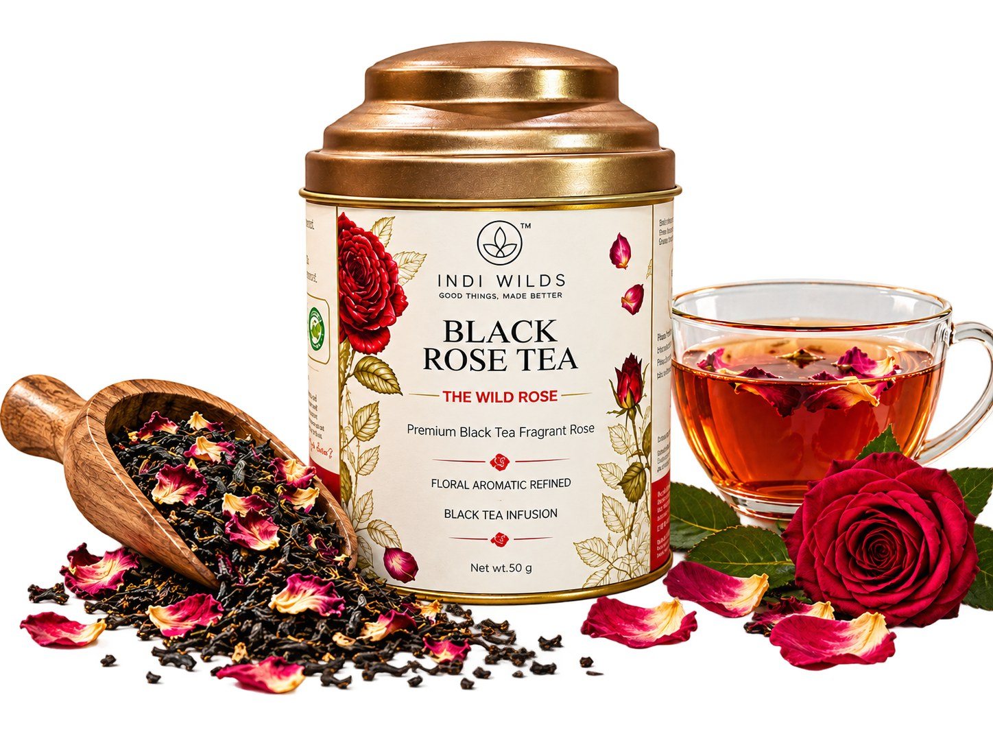 Black Rose Tea tin with loose leaf and rose petals