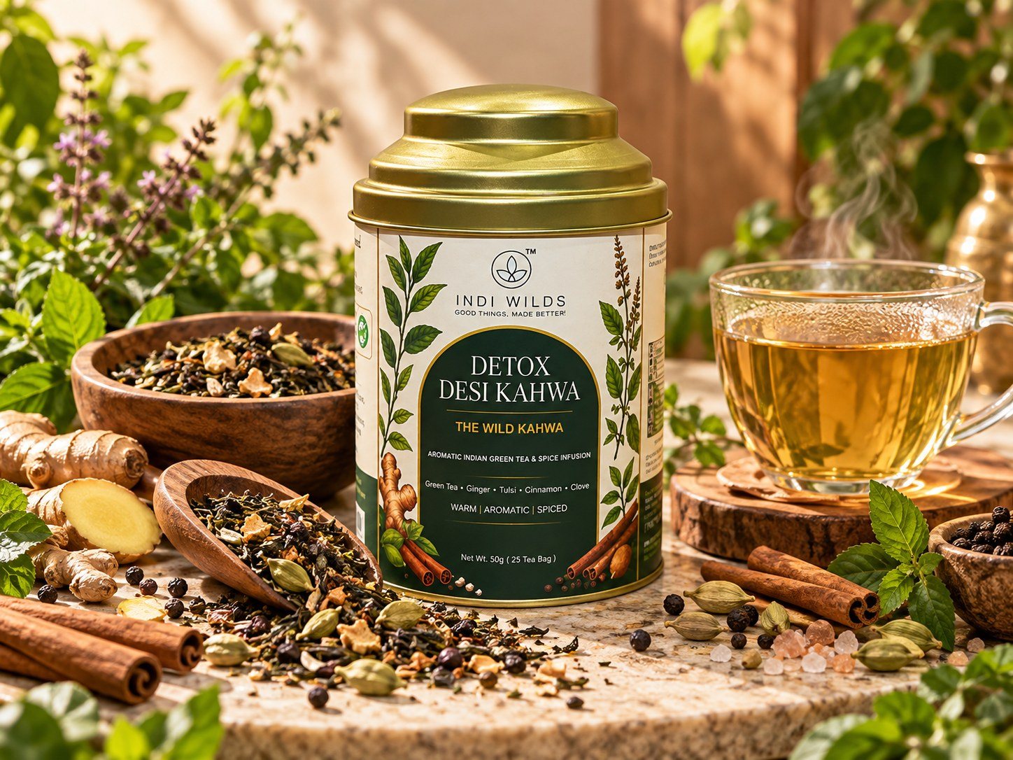 Detox Desi Kahwa tin among ginger, cinnamon and cardamom, with a steaming cup of tea