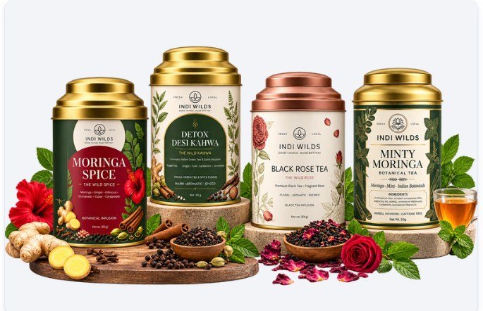 The four Indiwilds teas in their tins: Moringa Spice, Detox Desi Kahwa, Black Rose and Minty Moringa