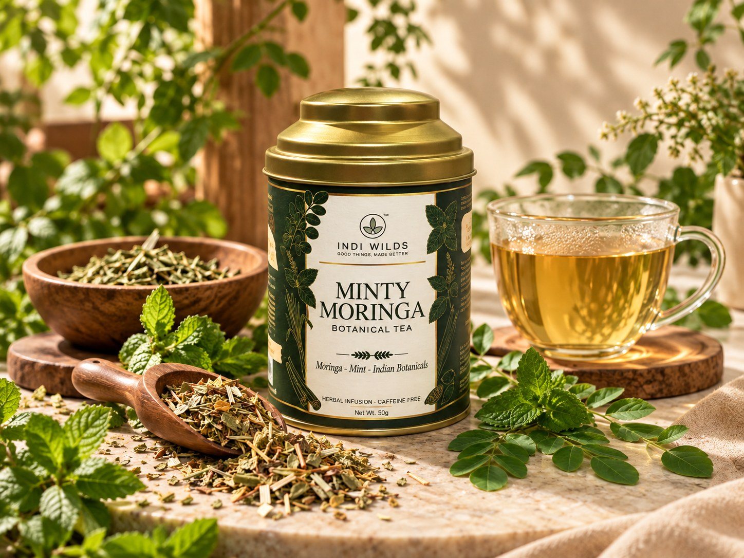 Minty Moringa tea tin with fresh mint, moringa leaves and a cup of tea