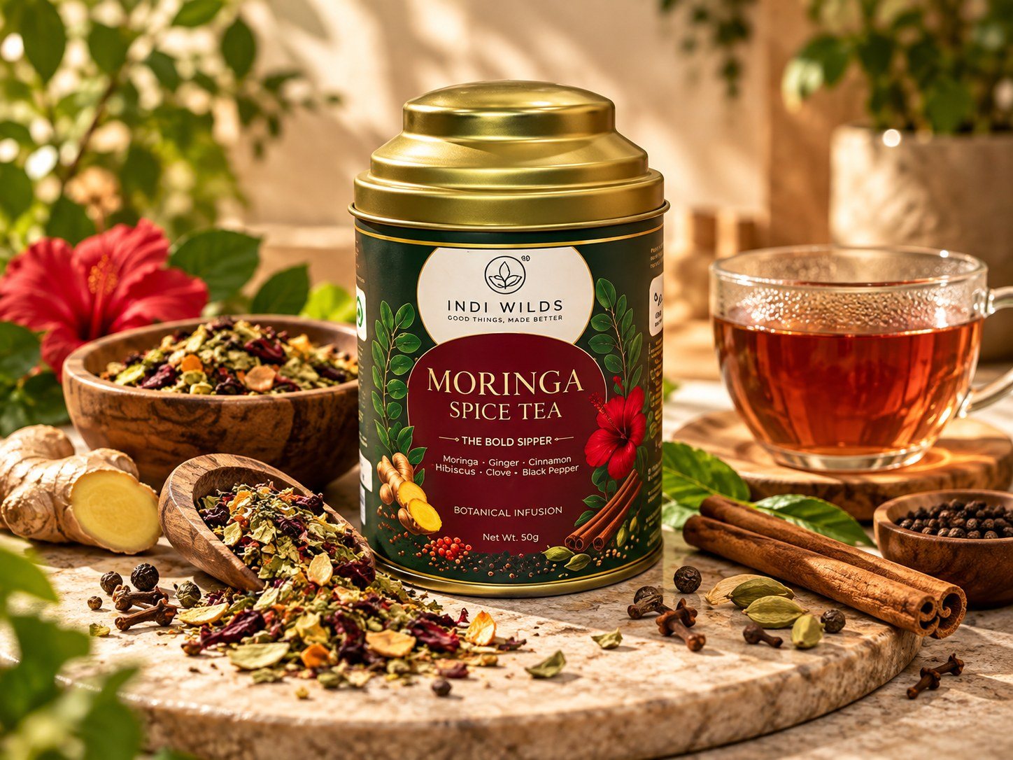Moringa Spice Tea tin with hibiscus, ginger and cinnamon